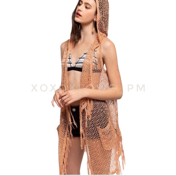 POL Peach Sparkle Fisherman Knit Hooded Fringe Vest - Picture 5 of 7